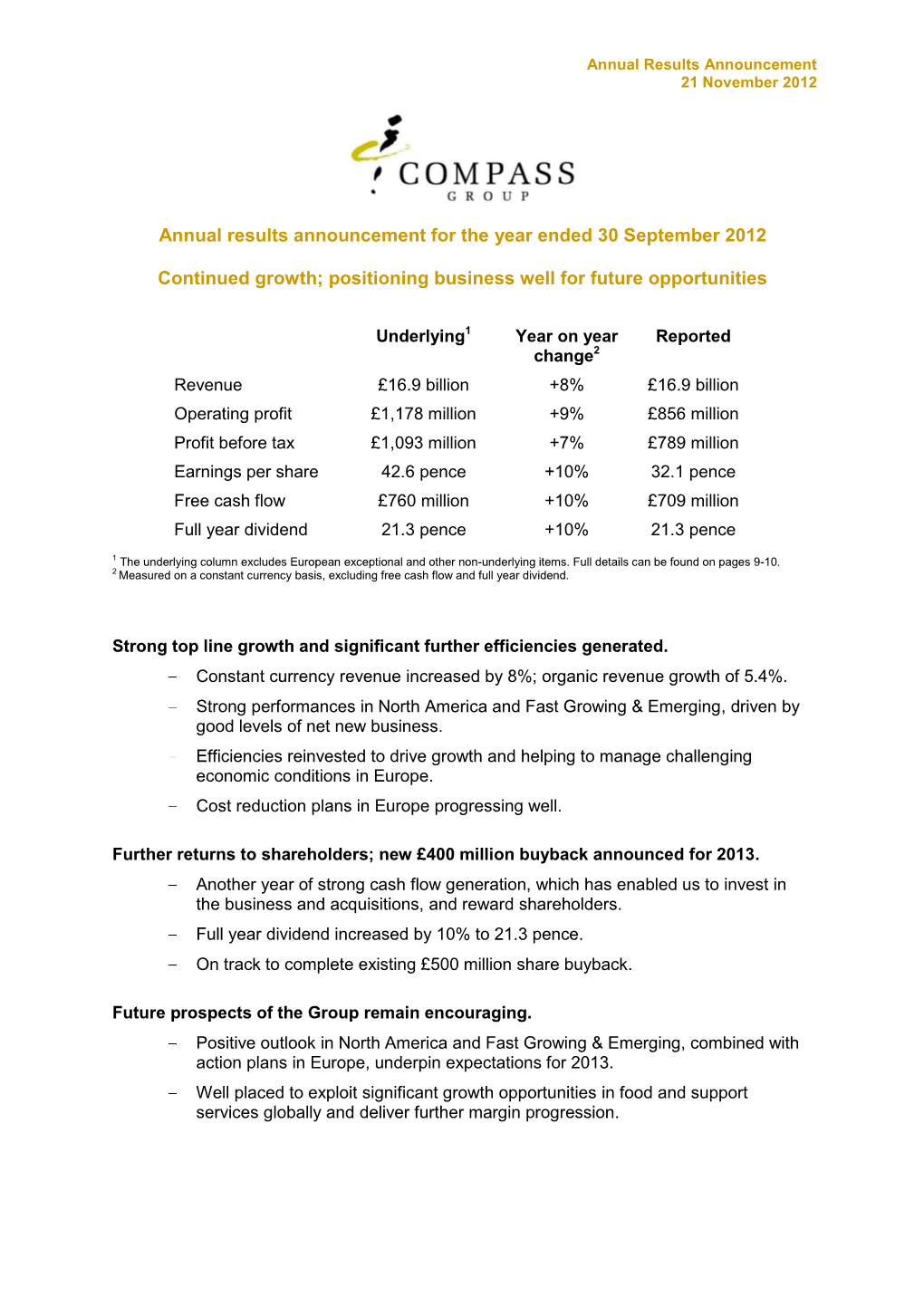 Annual Results Announcement for the Year Ended 30 September 2012