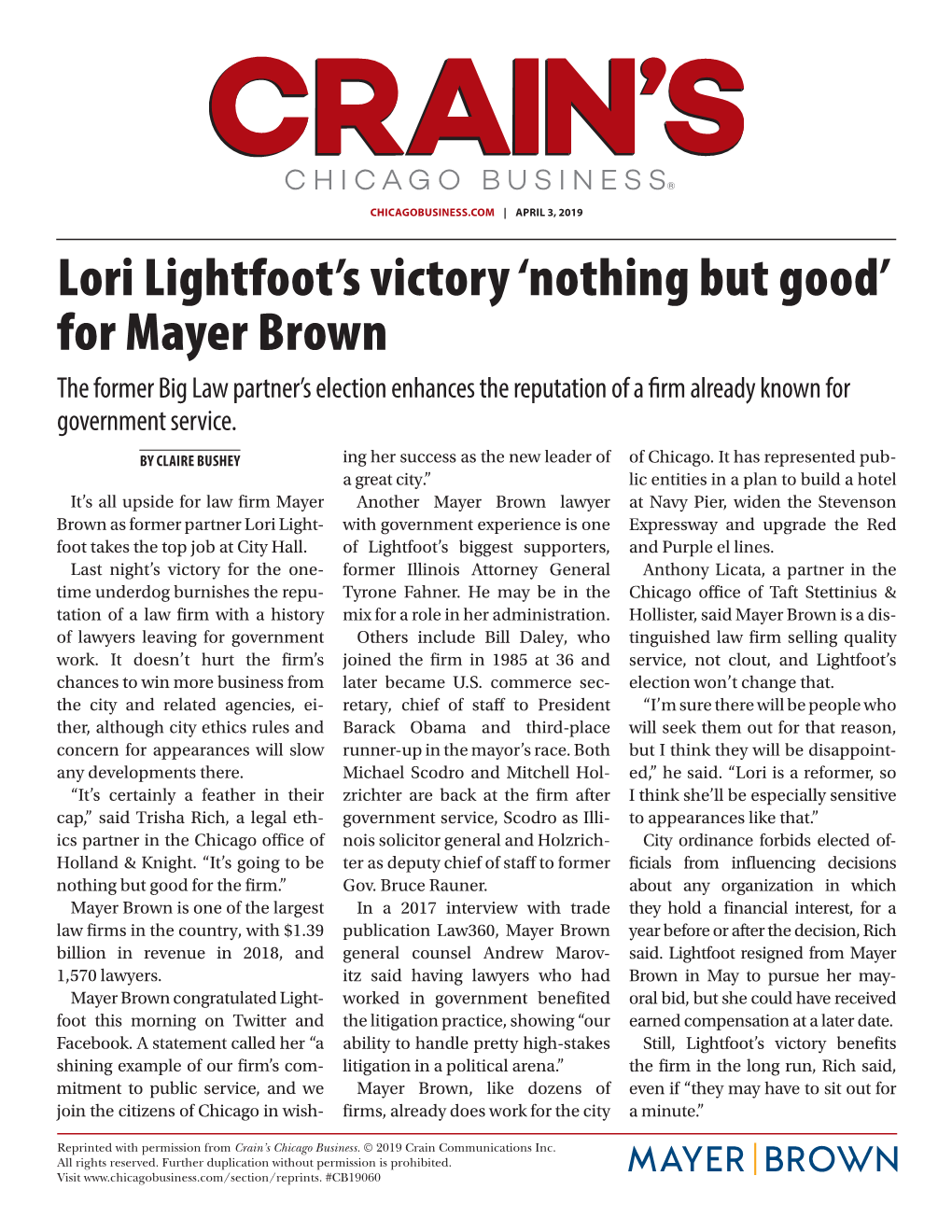 Lori Lightfoot's Victory 'Nothing but Good' for Mayer Brown