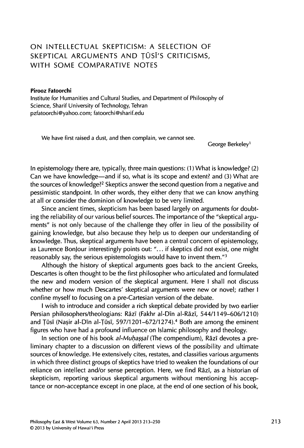 On Intellectual Skepticism: a Selection of Skeptical Arguments and Tosi's Criticisms, with Some Comparative Notes