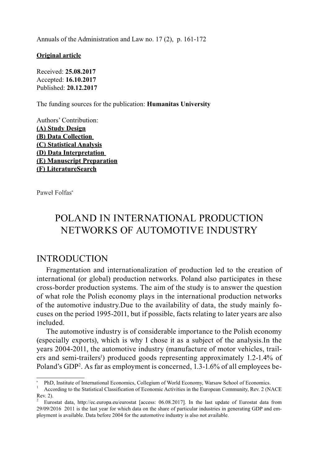 Poland in International Production Networks of Automotive Industry