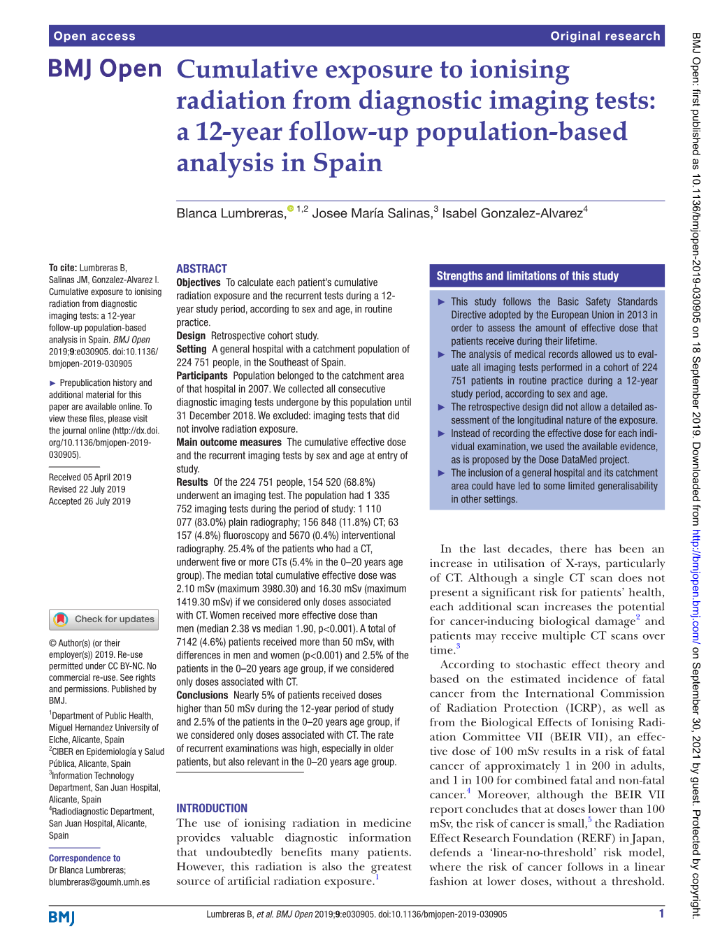Cumulative Exposure to Ionising Radiation from Diagnostic Imaging Tests: a 12-Year Follow-Up Population-Based Analysis in Spain