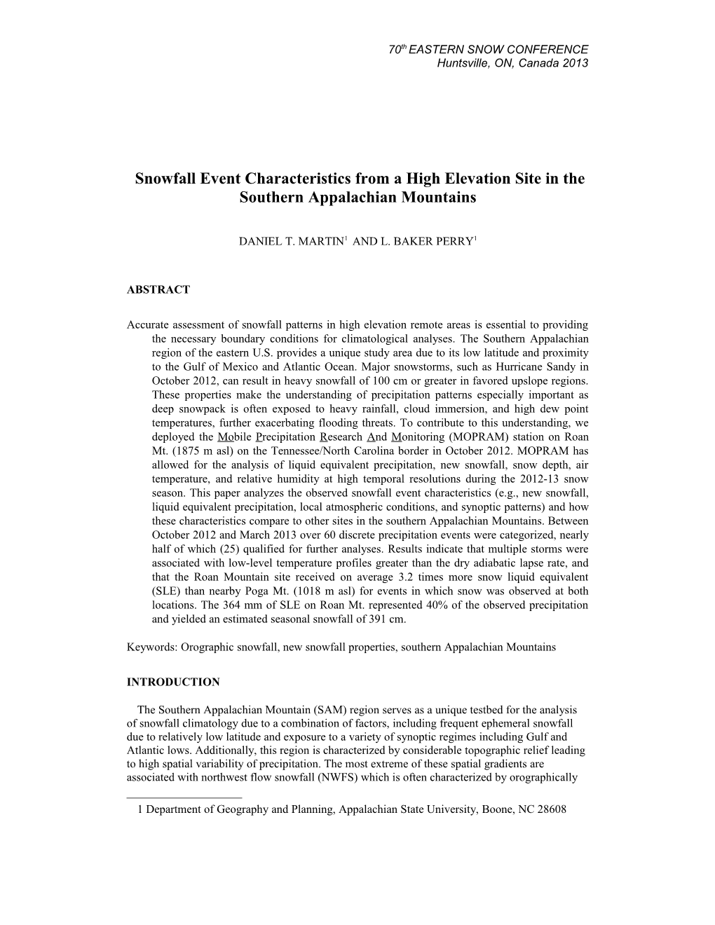 Snowfall Event Characteristics from a High Elevation Site in the Southern Appalachian