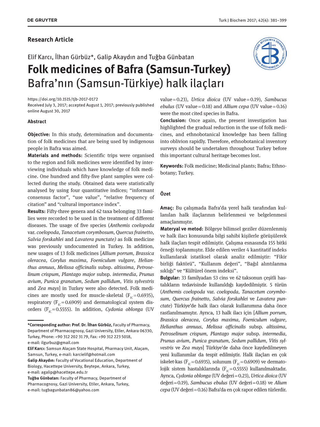 Folk Medicines of Bafra (Samsun-Turkey) Bafra'nın (Samsun-Türkiye) Halk Ilaçları