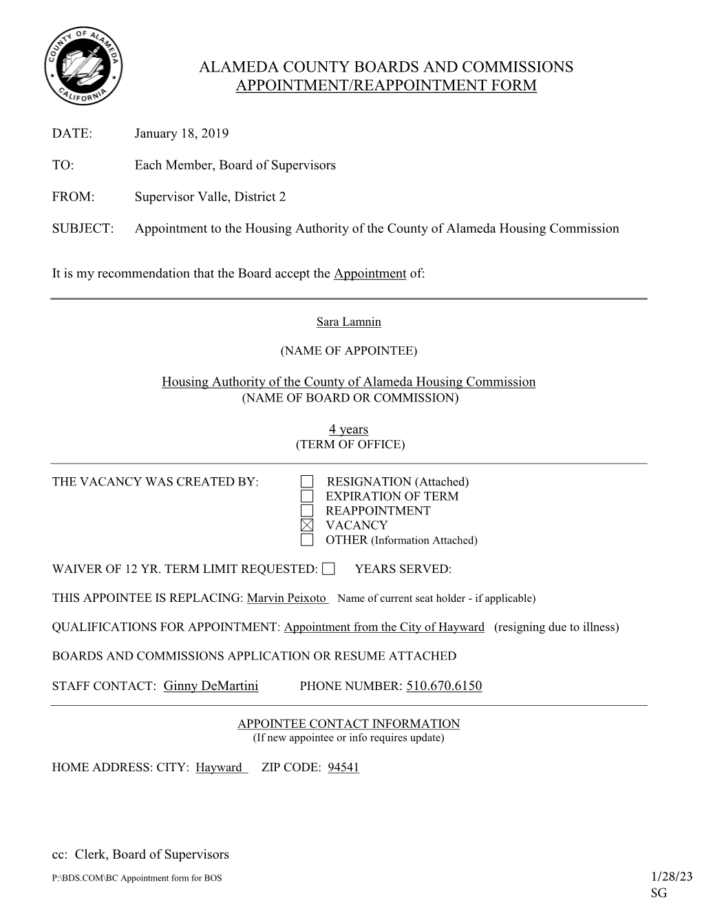 Alameda County Boards and Commissions Appointment/Reappointment Form