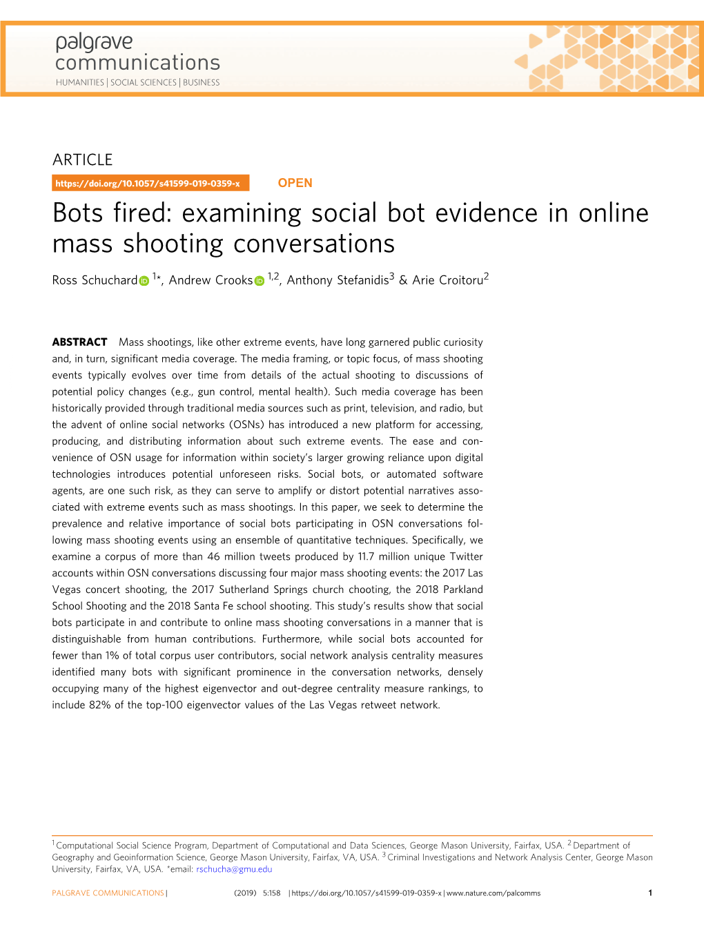 Bots Fired: Examining Social Bot Evidence in Online Mass Shooting Conversations