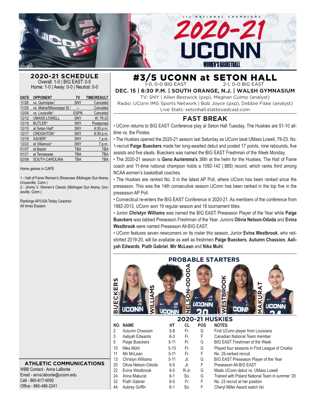 3/5 UCONN at SETON HALL Overall: 1-0 | BIG EAST: 0-0 1-0, 0-0 BIG EAST 2-1, 0-0 BIG EAST Home: 1-0 | Away: 0-0 | Neutral: 0-0 DEC