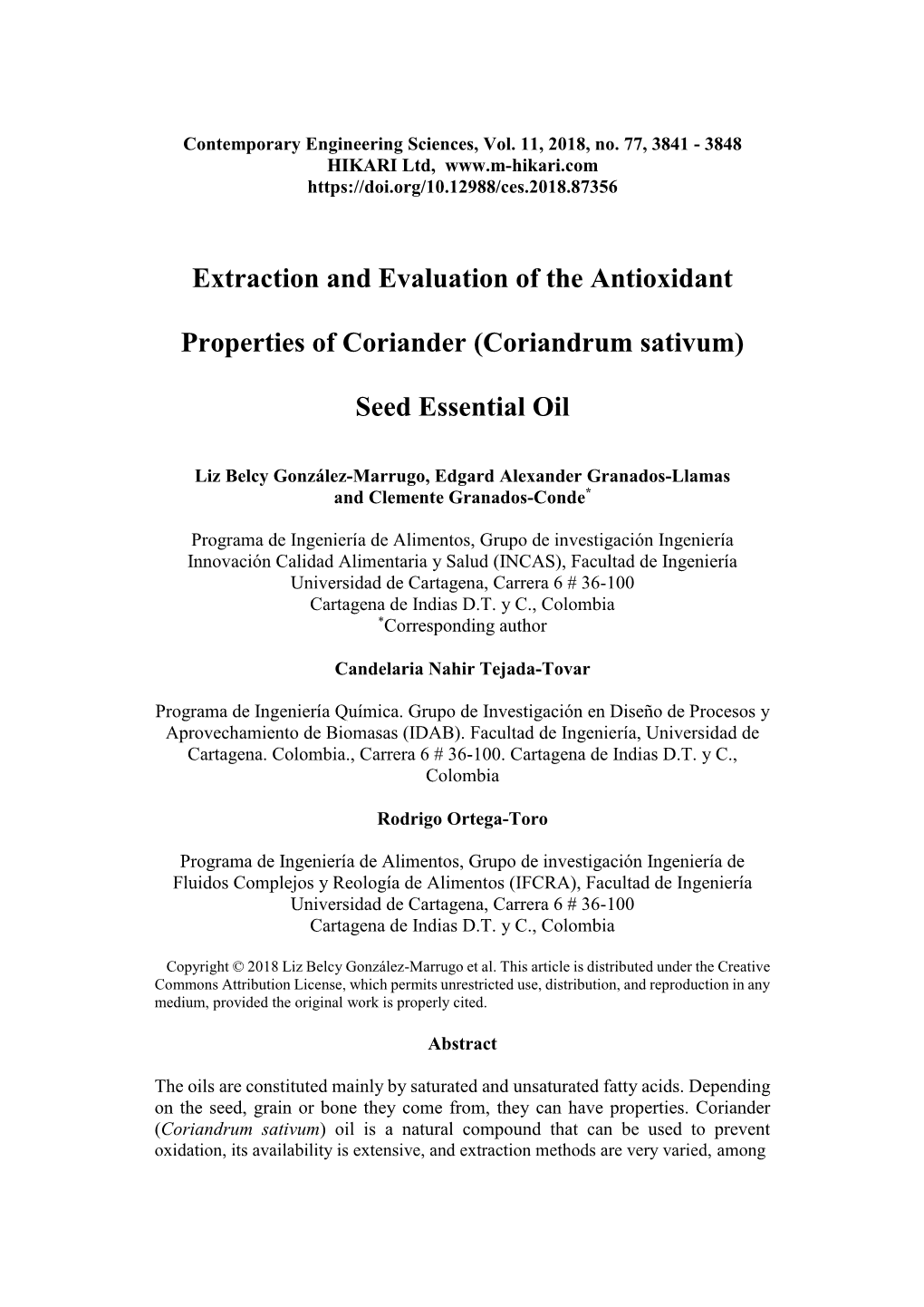 Extraction and Evaluation of the Antioxidant Properties of Coriander
