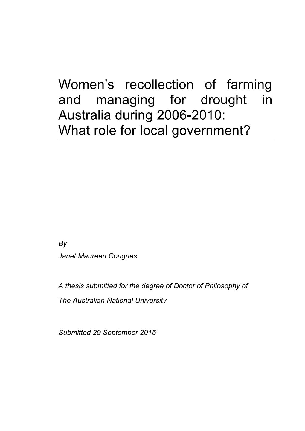 Women's Recollection of Farming and Managing for Drought in Australia During 2006-2010
