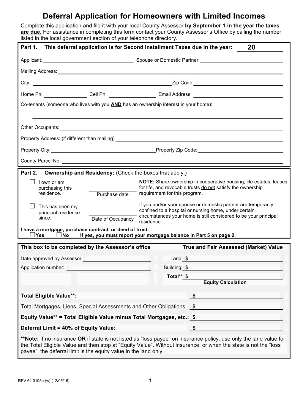 Deferral Application For Homeowners With Limited Incomes (REV 64 0105)
