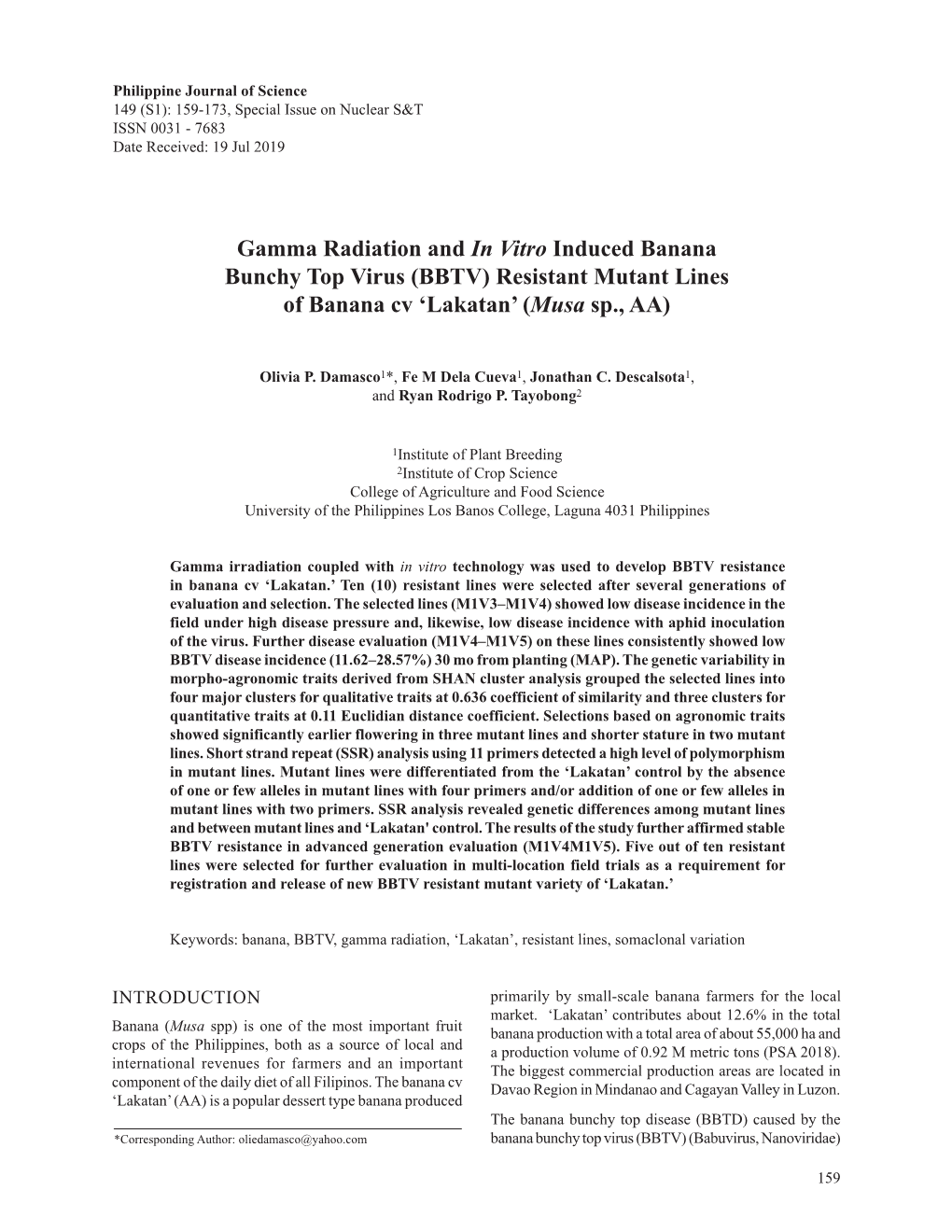 Gamma Radiation and in Vitro Induced Banana Bunchy Top Virus (BBTV) Resistant Mutant Lines of Banana Cv ‘Lakatan’ (Musa Sp., AA)