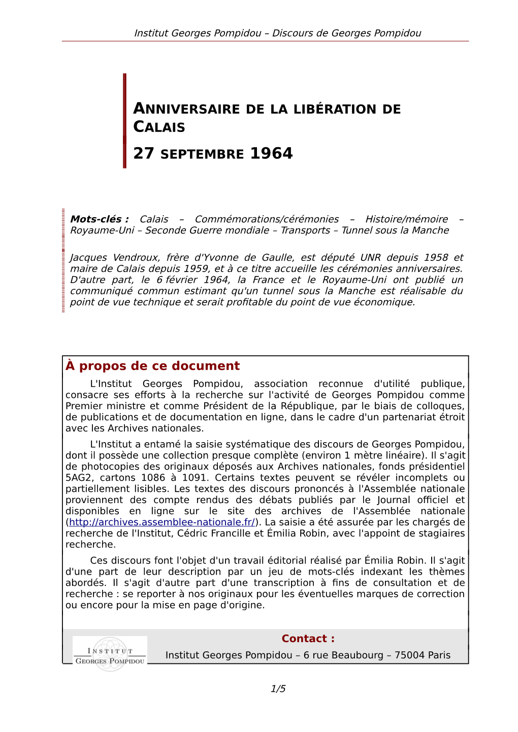ANNIVERSAIRE DE LA LIBÉRATION DE CALAIS 27 SEPTEMBRE 1964 À Propos De Ce Document