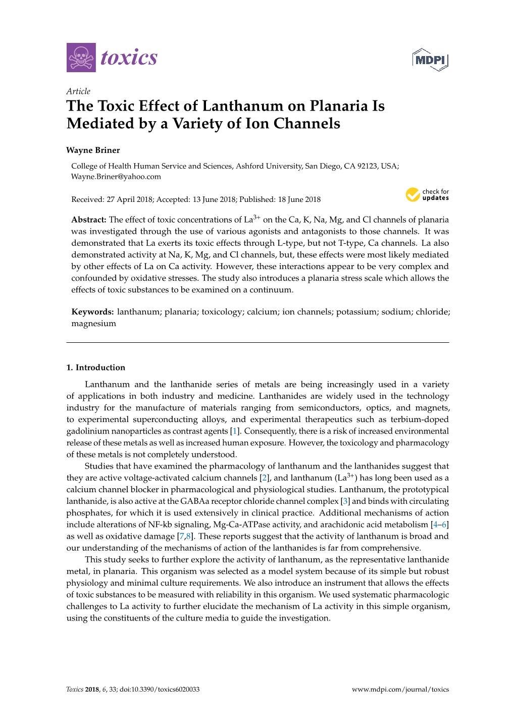 The Toxic Effect of Lanthanum on Planaria Is Mediated by a Variety of Ion Channels