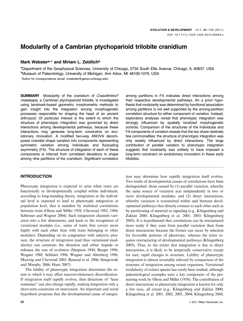 Modularity of a Cambrian Ptychoparioid Trilobite Cranidium