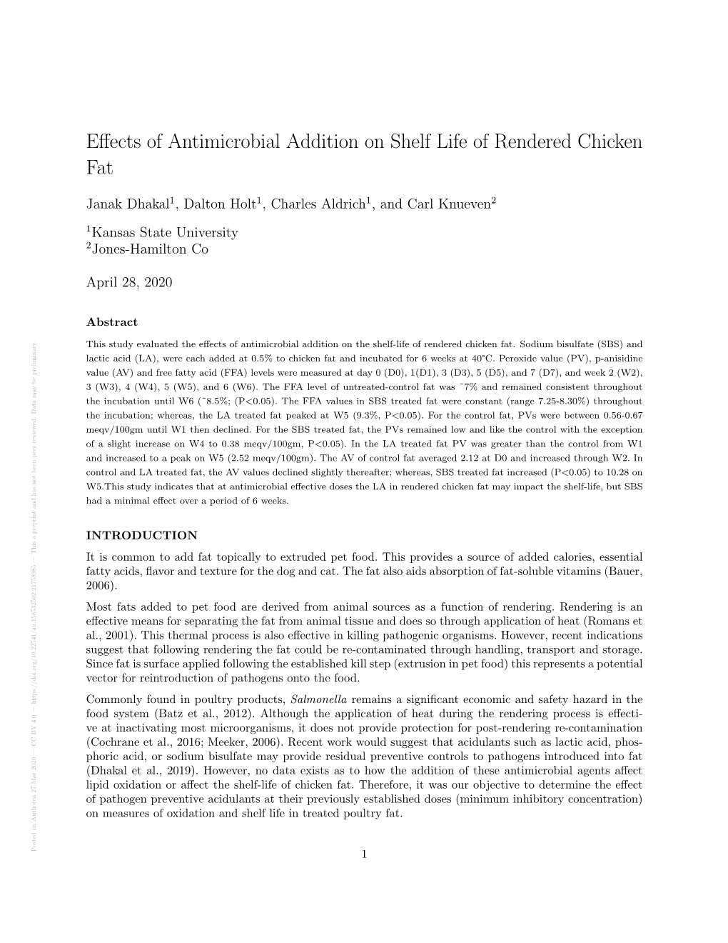 Effects of Antimicrobial Addition on Shelf Life of Rendered Chicken