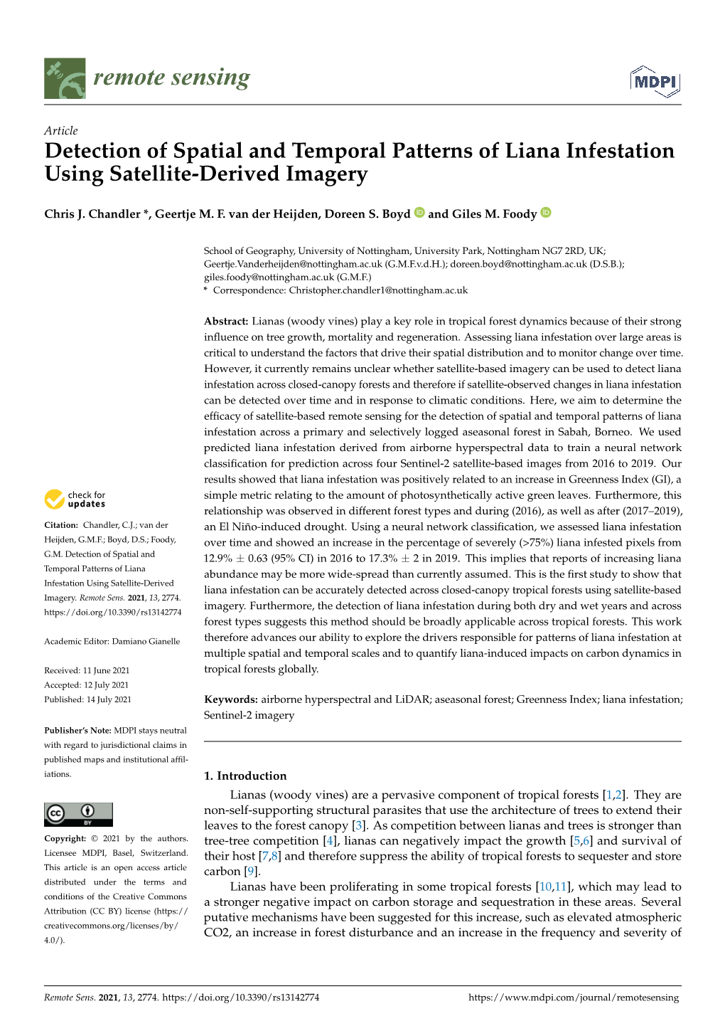 Detection of Spatial and Temporal Patterns of Liana Infestation Using Satellite-Derived Imagery