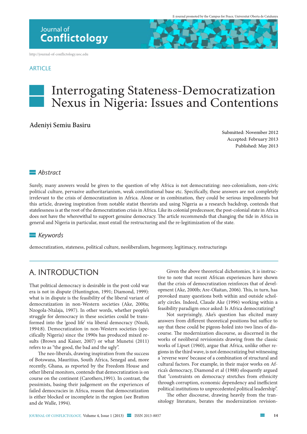 Interrogating Stateness-Democratization Nexus in Nigeria: Issues and Contentions