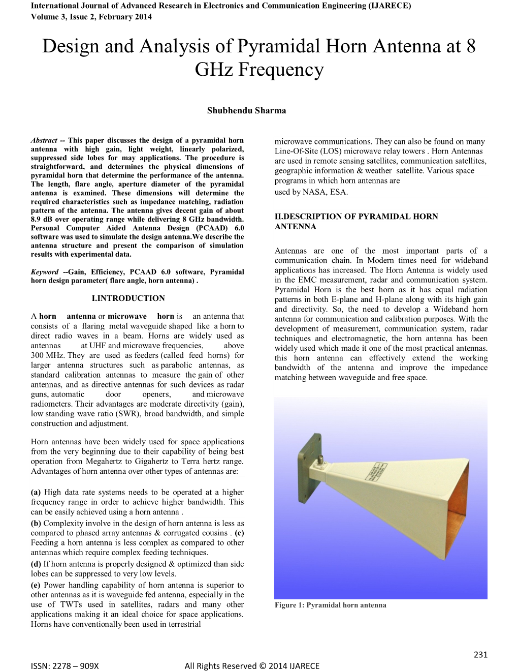 Design and Analysis of Pyramidal Horn Antenna at 8 Ghz Frequency