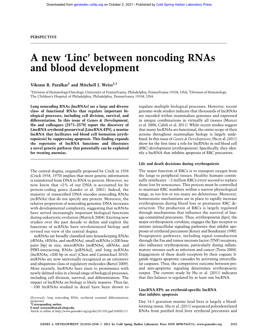 A New 'Linc' Between Noncoding Rnas and Blood Development