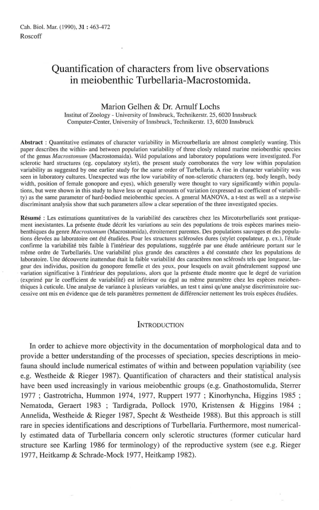 Quantification of Characters from Live Observations in Meiobenthic Turbellaria-Macrostomida