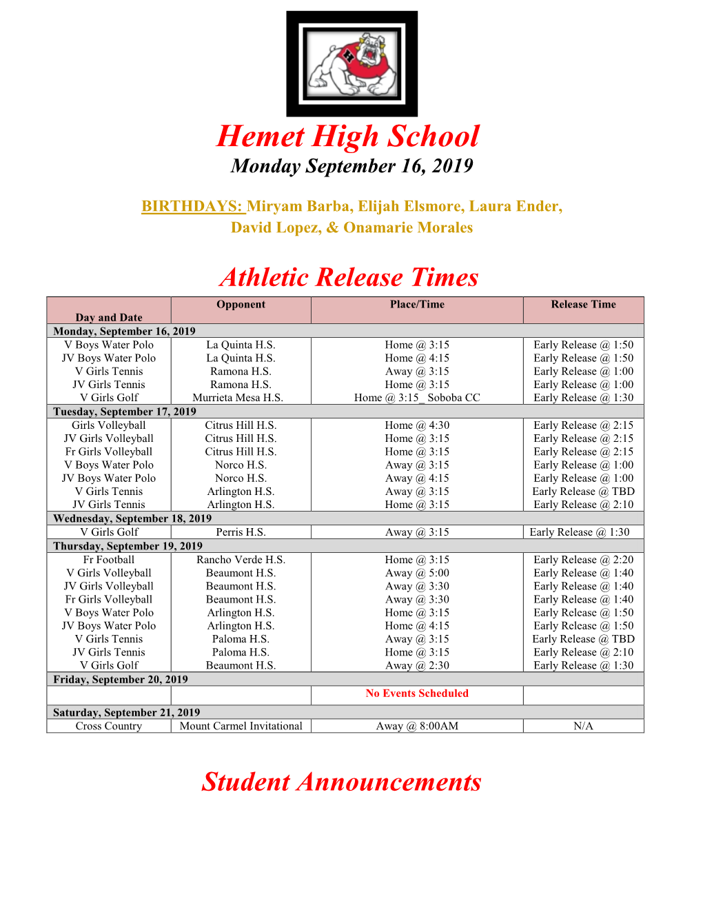 Hemet High School Monday September 16, 2019