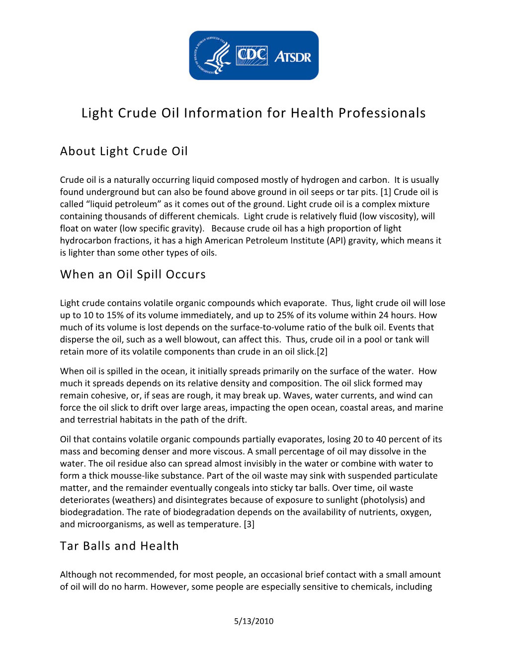 Light Crude Oil Information for Health Professionals