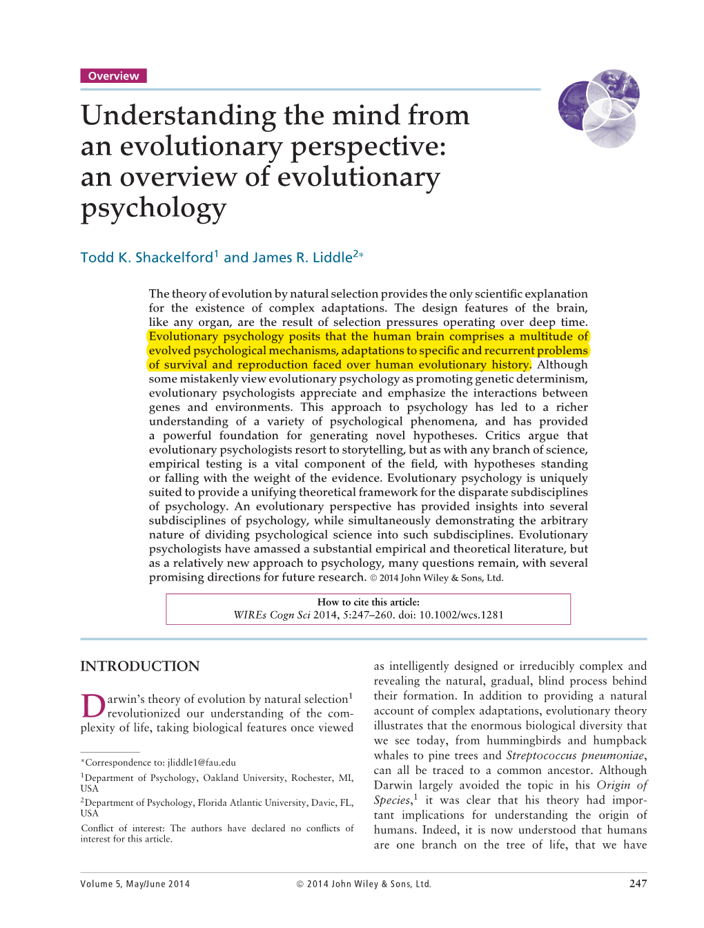 Understanding the Mind from an Evolutionary Perspective: an Overview of Evolutionary Psychology