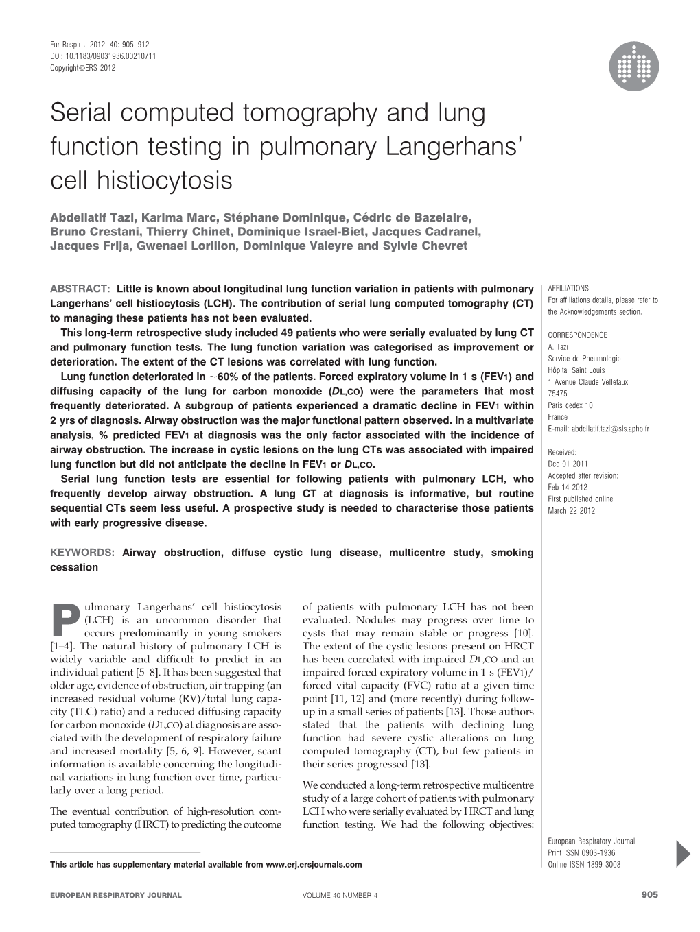 Serial Computed Tomography and Lung Function Testing in Pulmonary Langerhans’ Cell Histiocytosis