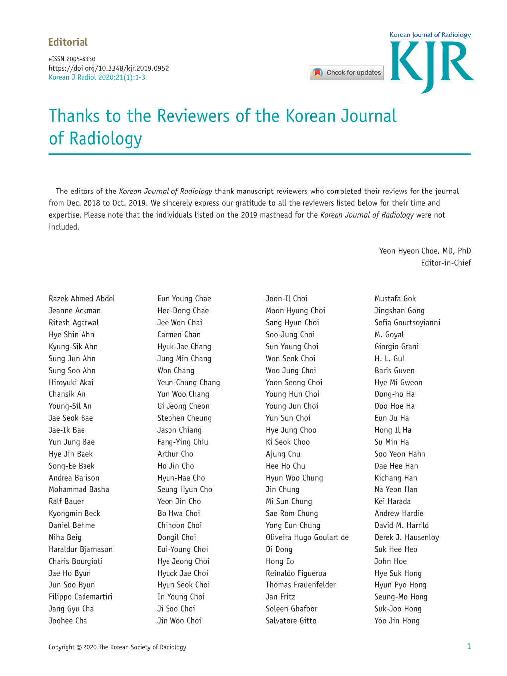 Thanks to the Reviewers of the Korean Journal of Radiology