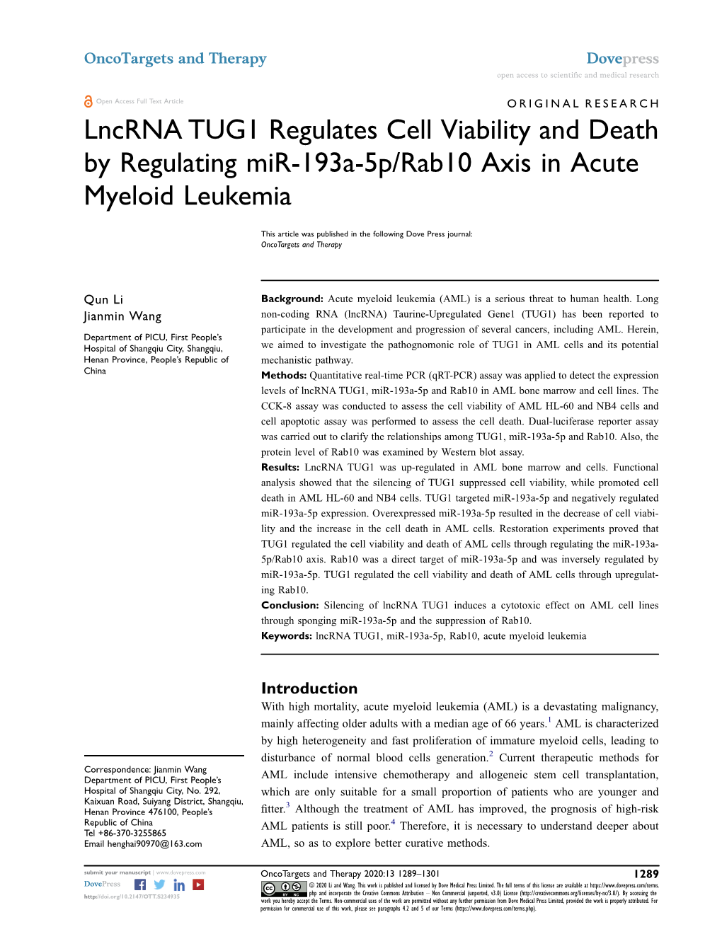 Lncrna TUG1 Regulates Cell Viability and Death by Regulating Mir-193A-5P/Rab10 Axis in Acute Myeloid Leukemia