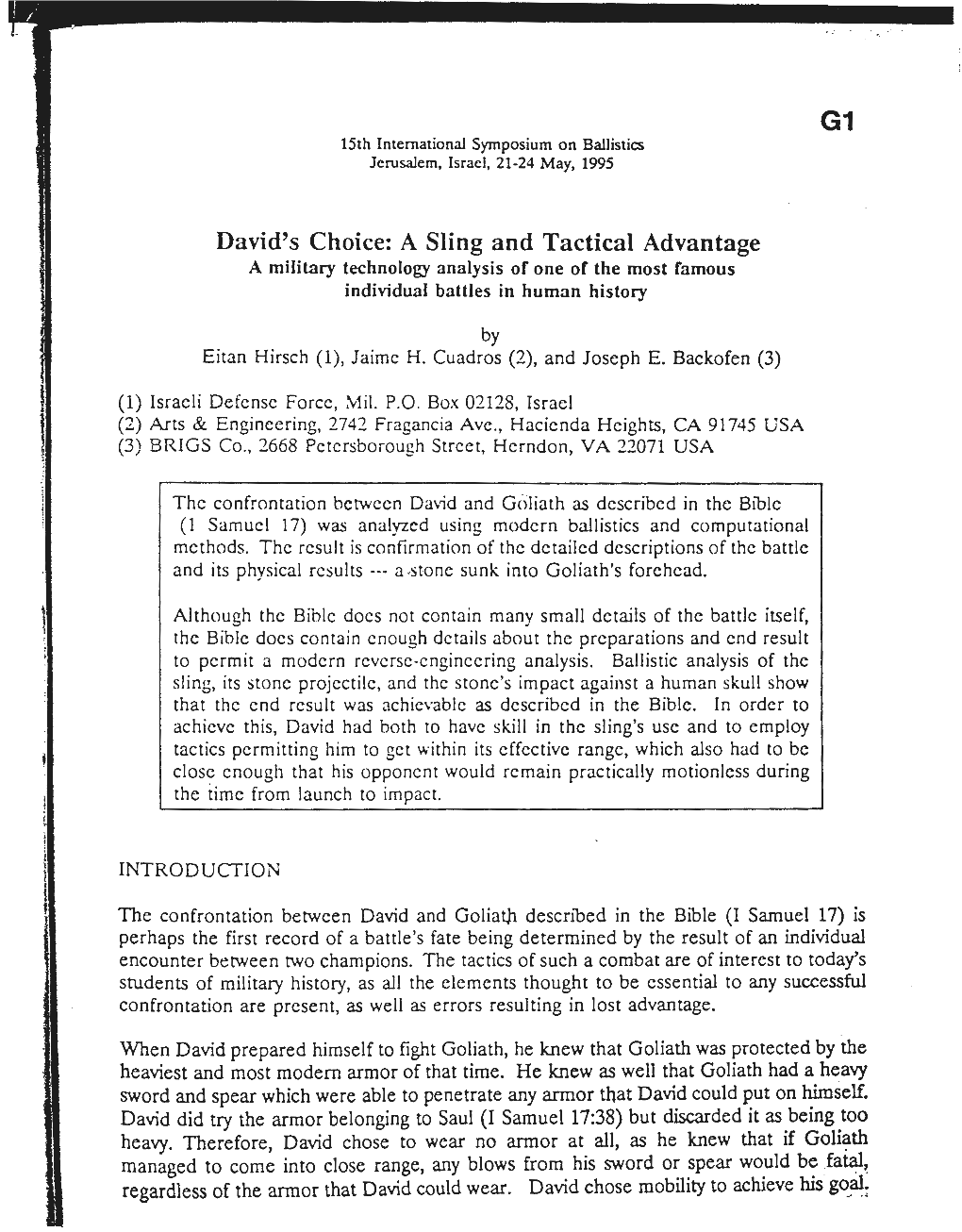 A Sling and Tactical Advantage a Military Technology Analysis of One of the Most Famous Individual Battles in Human History