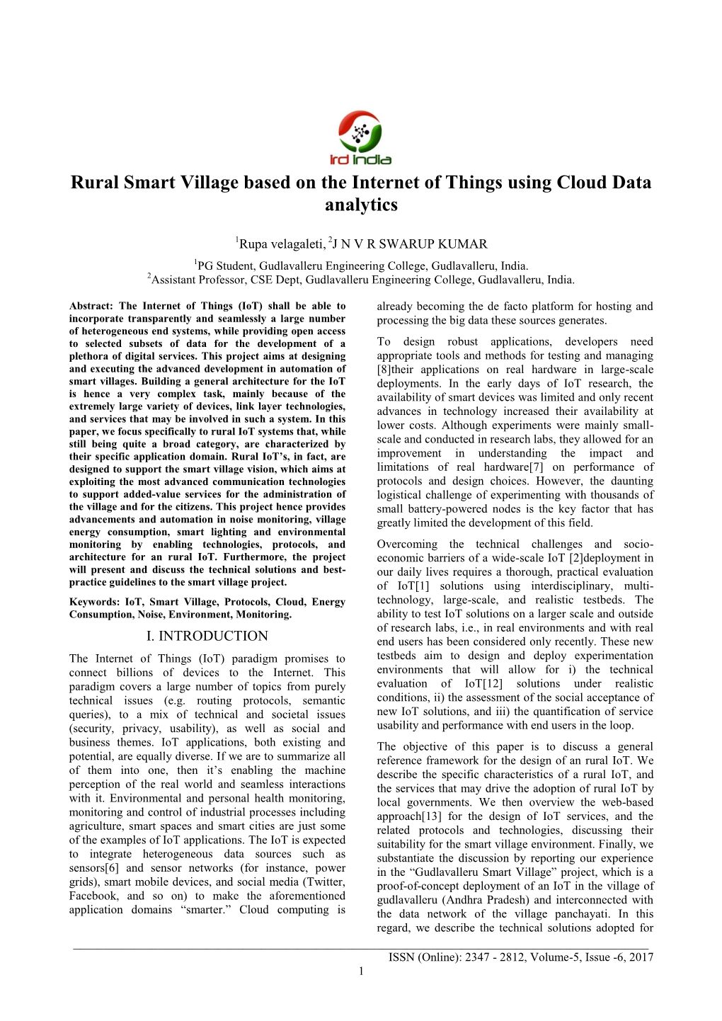 Rural Smart Village Based on the Internet of Things Using Cloud Data Analytics