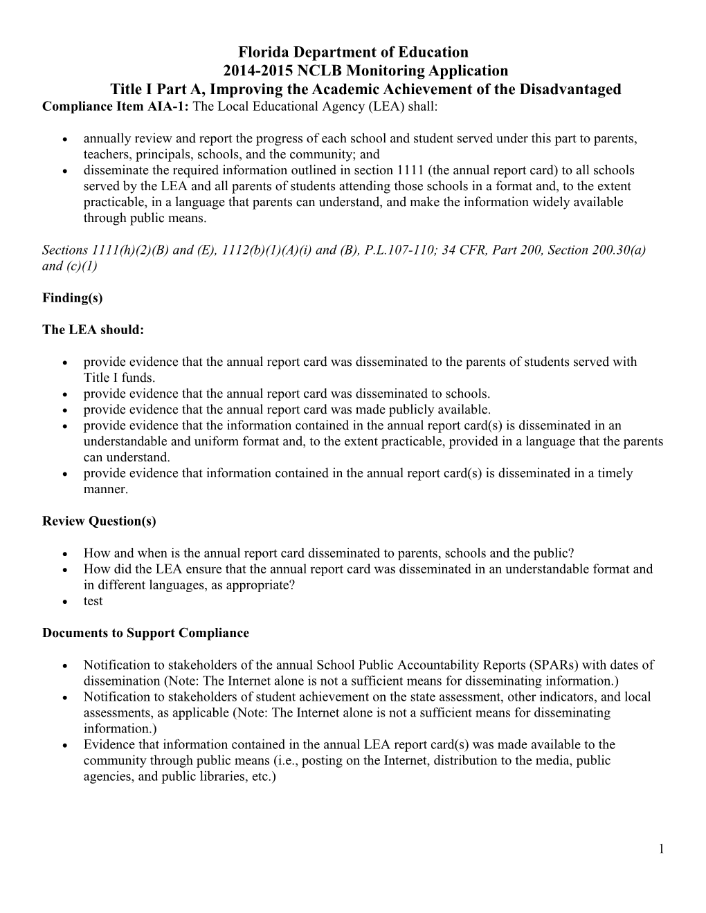 Florida Department of Education2014-2015 NCLB Monitoring Applicationtitle I Part A, Improving