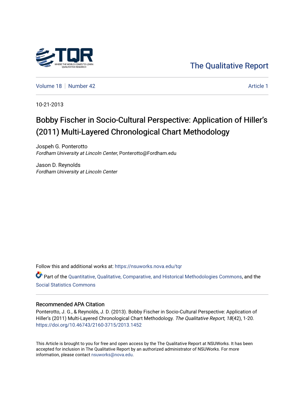 Bobby Fischer in Socio-Cultural Perspective: Application of Hiller’S (2011) Multi-Layered Chronological Chart Methodology