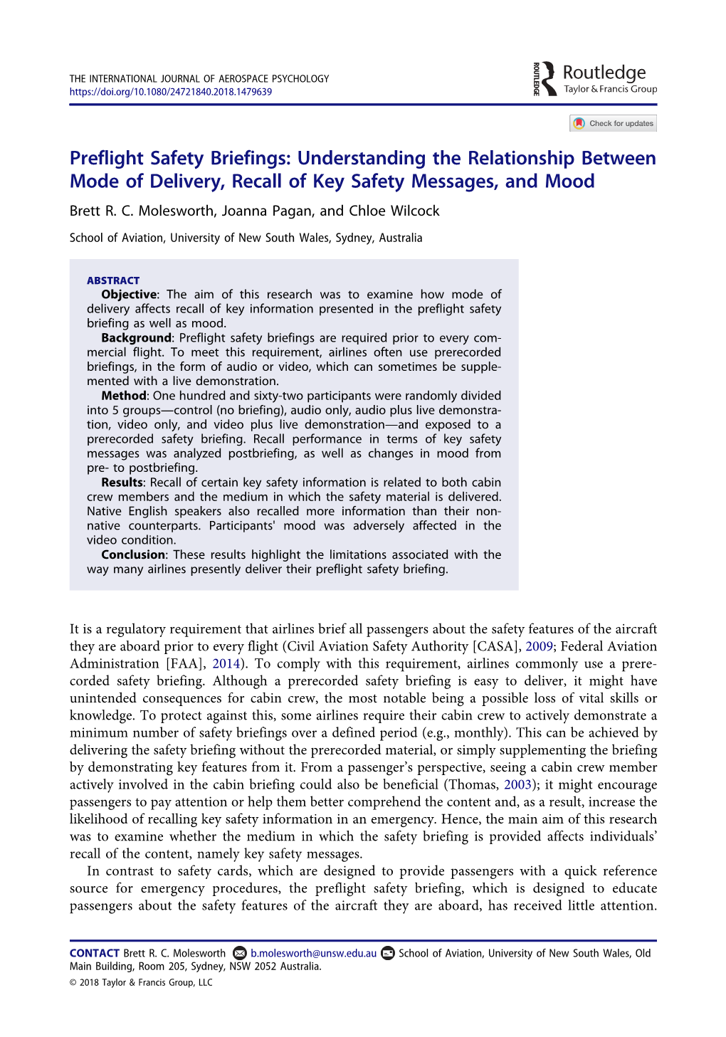 Preflight Safety Briefings: Understanding the Relationship Between Mode of Delivery, Recall of Key Safety Messages, and Mood Brett R