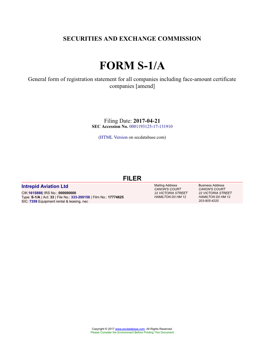 Intrepid Aviation Ltd Form S-1/A Filed 2017-04-21