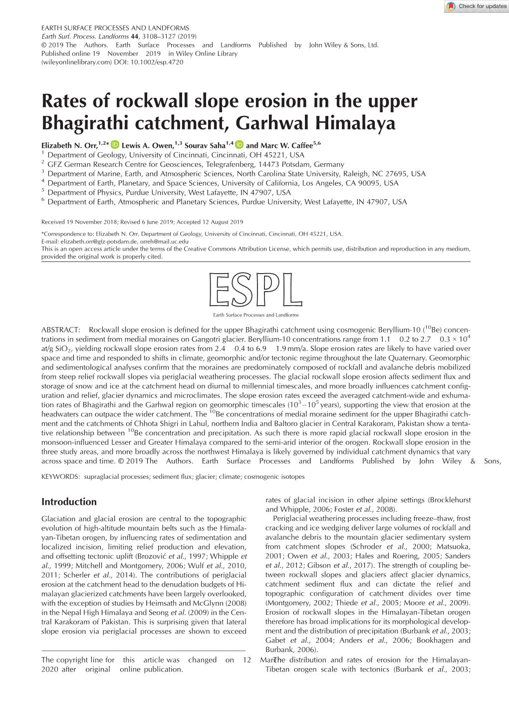 Rates of Rockwall Slope Erosion in the Upper Bhagirathi Catchment, Garhwal Himalaya