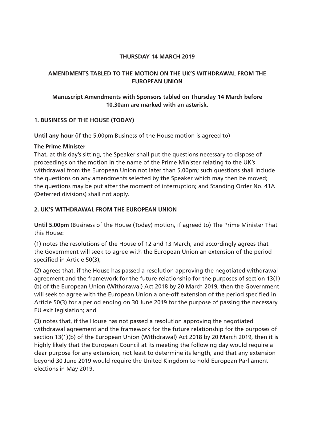 Thursday 14 March 2019 Amendments Tabled to The