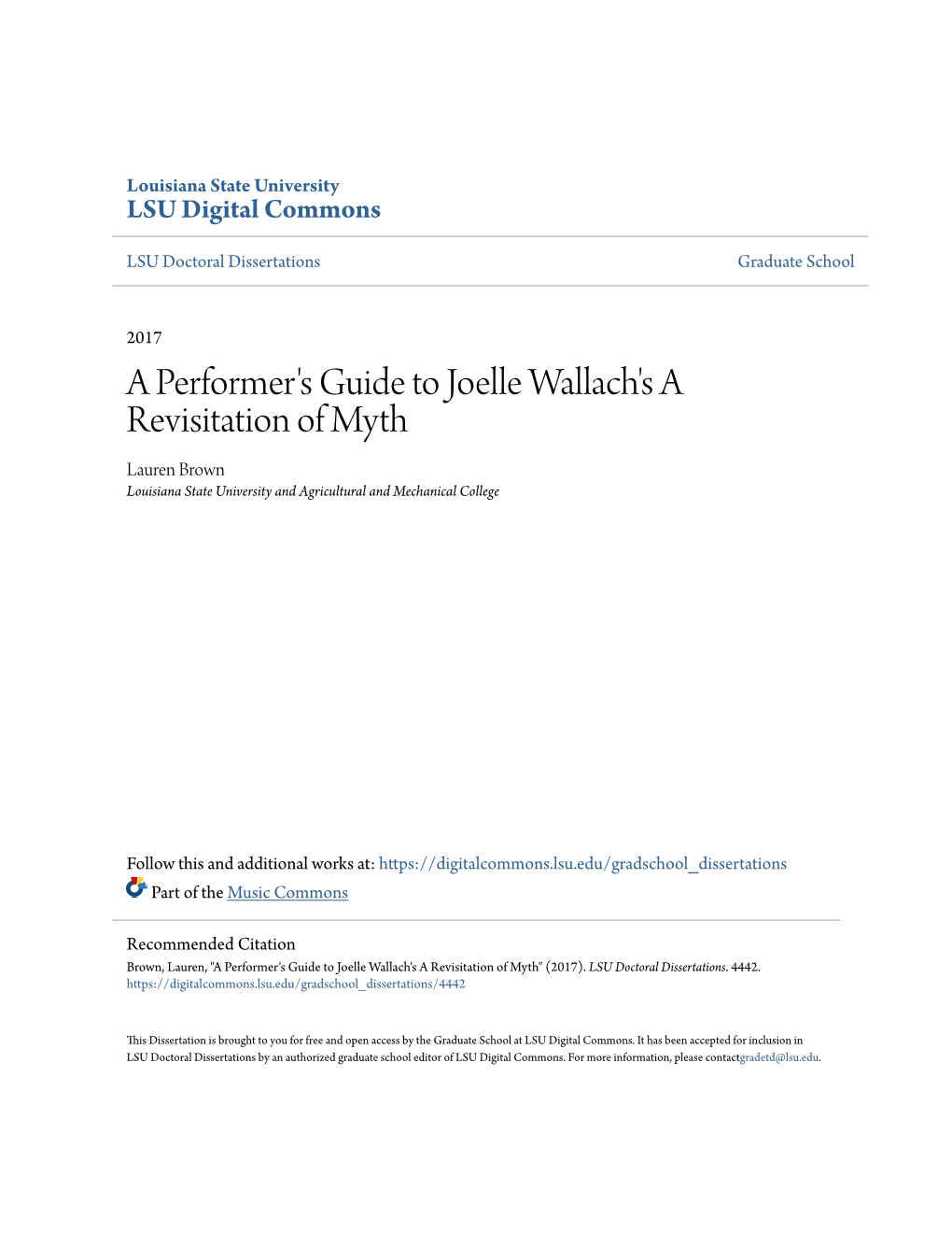 A Performer's Guide to Joelle Wallach's a Revisitation of Myth Lauren Brown Louisiana State University and Agricultural and Mechanical College