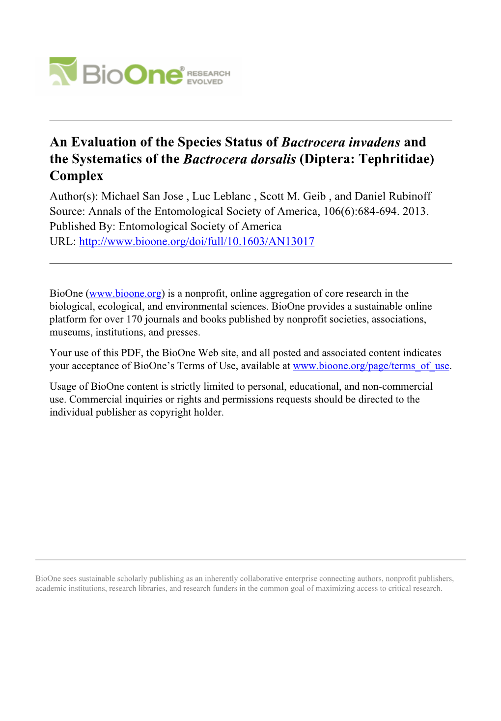 An Evaluation of the Species Status of Bactrocera Invadens