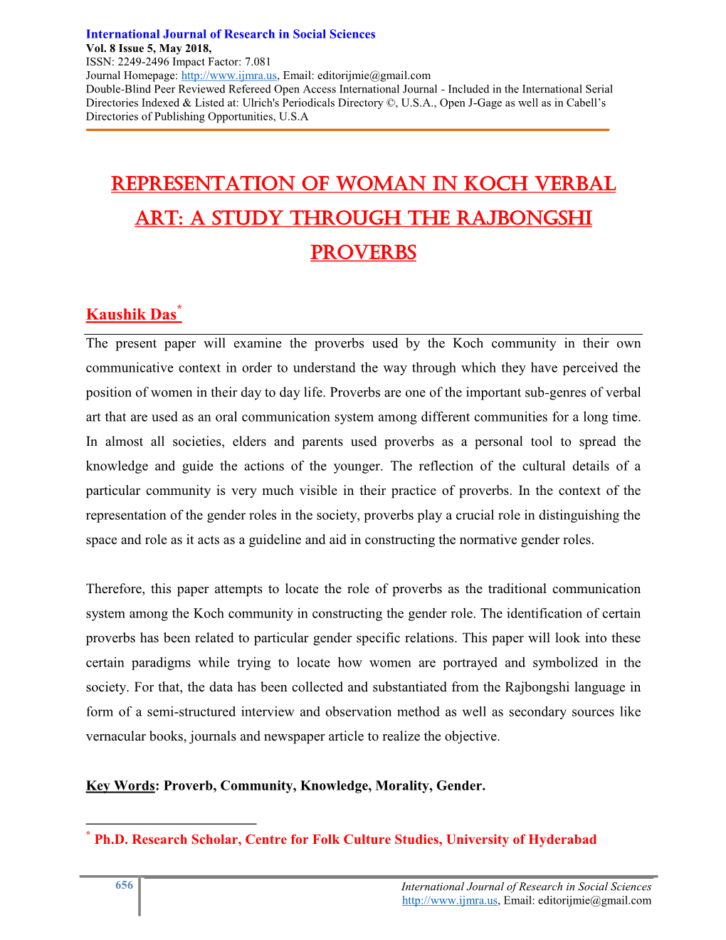 Representation of Woman in Koch Verbal Art: a Study Through the Rajbongshi Proverbs