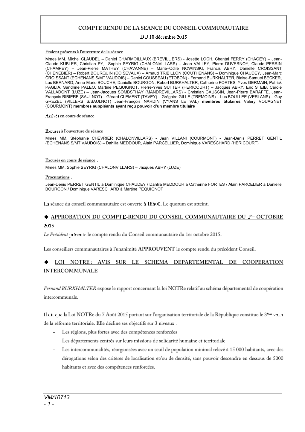 Compte Rendu De La Seance Du Conseil Communautaire