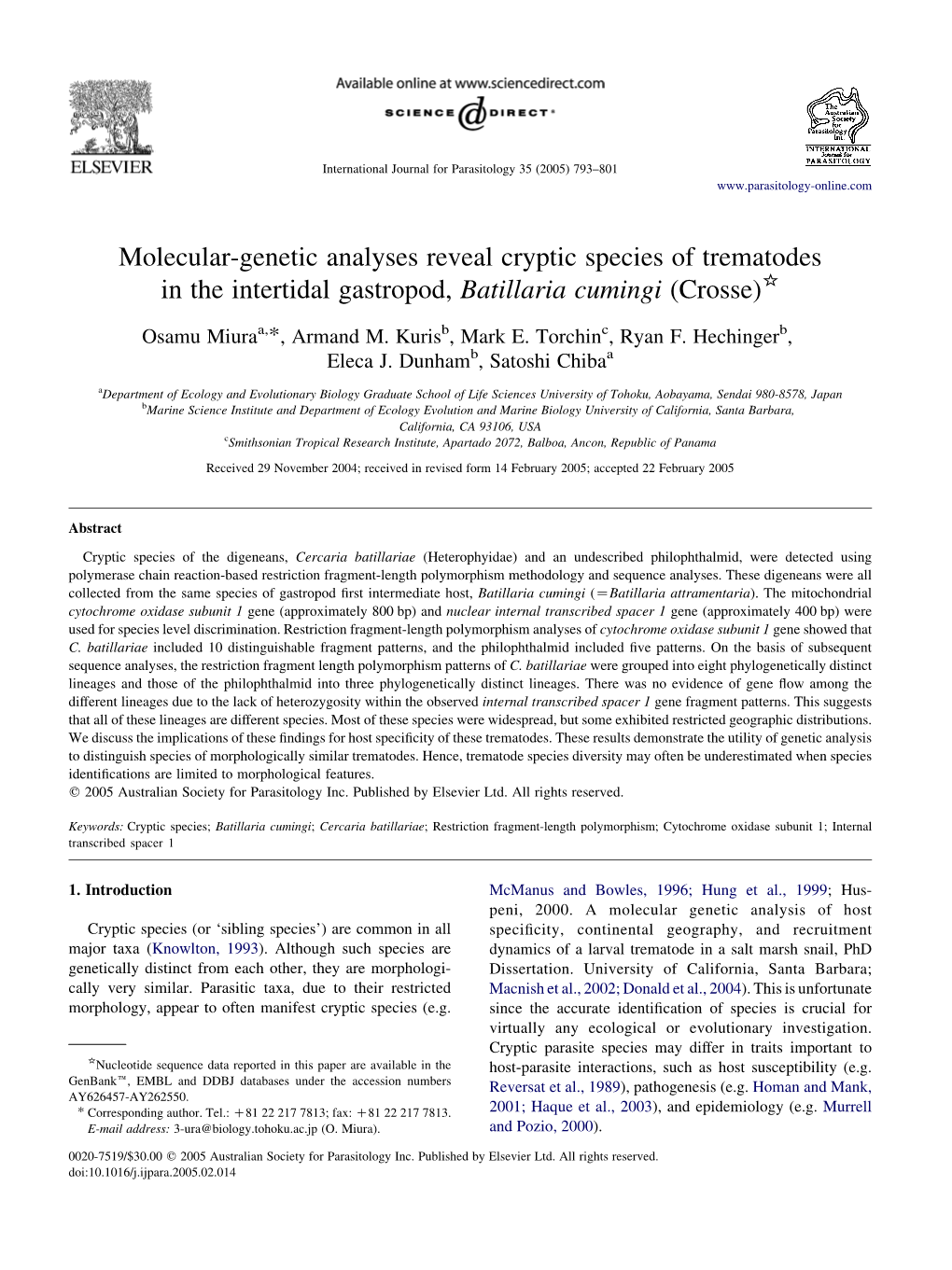 Molecular-Genetic Analyses Reveal Cryptic Species of Trematodes in the Intertidal Gastropod, Batillaria Cumingi (Crosse)*