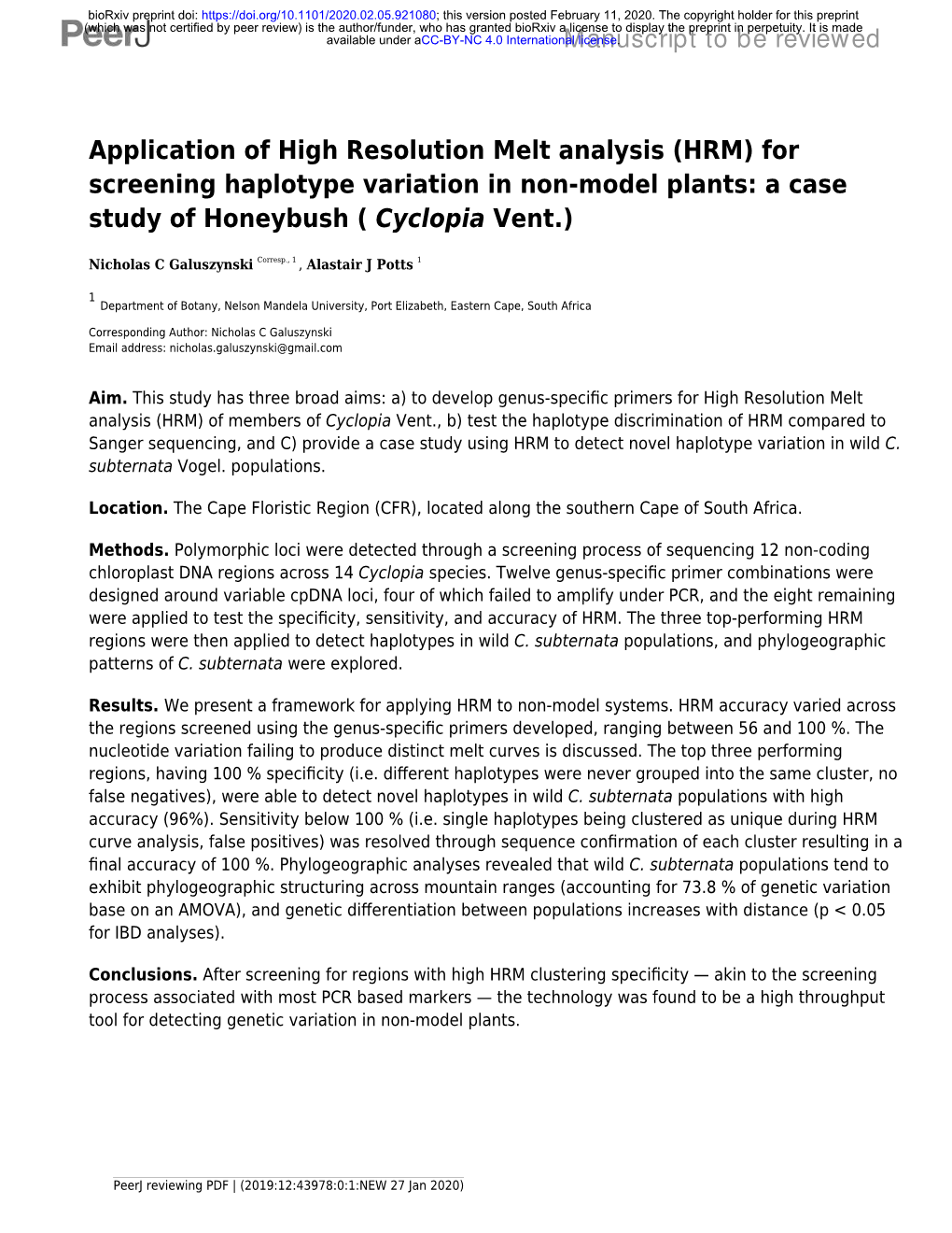 Application of High Resolution Melt Analysis (HRM) for Screening Haplotype Variation in Non-Model Plants: a Case Study of Honeybush ( Cyclopia Vent.)