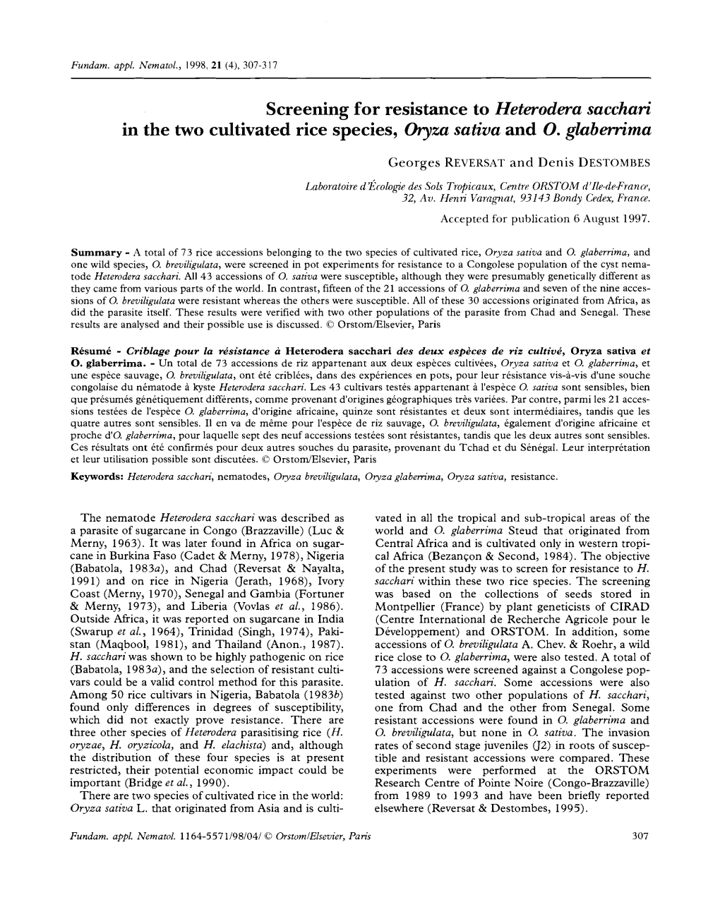 Screening for Resistance to Heterodera Sacchari in the Two Cultivated Rice Species, Oryza Sativa and O