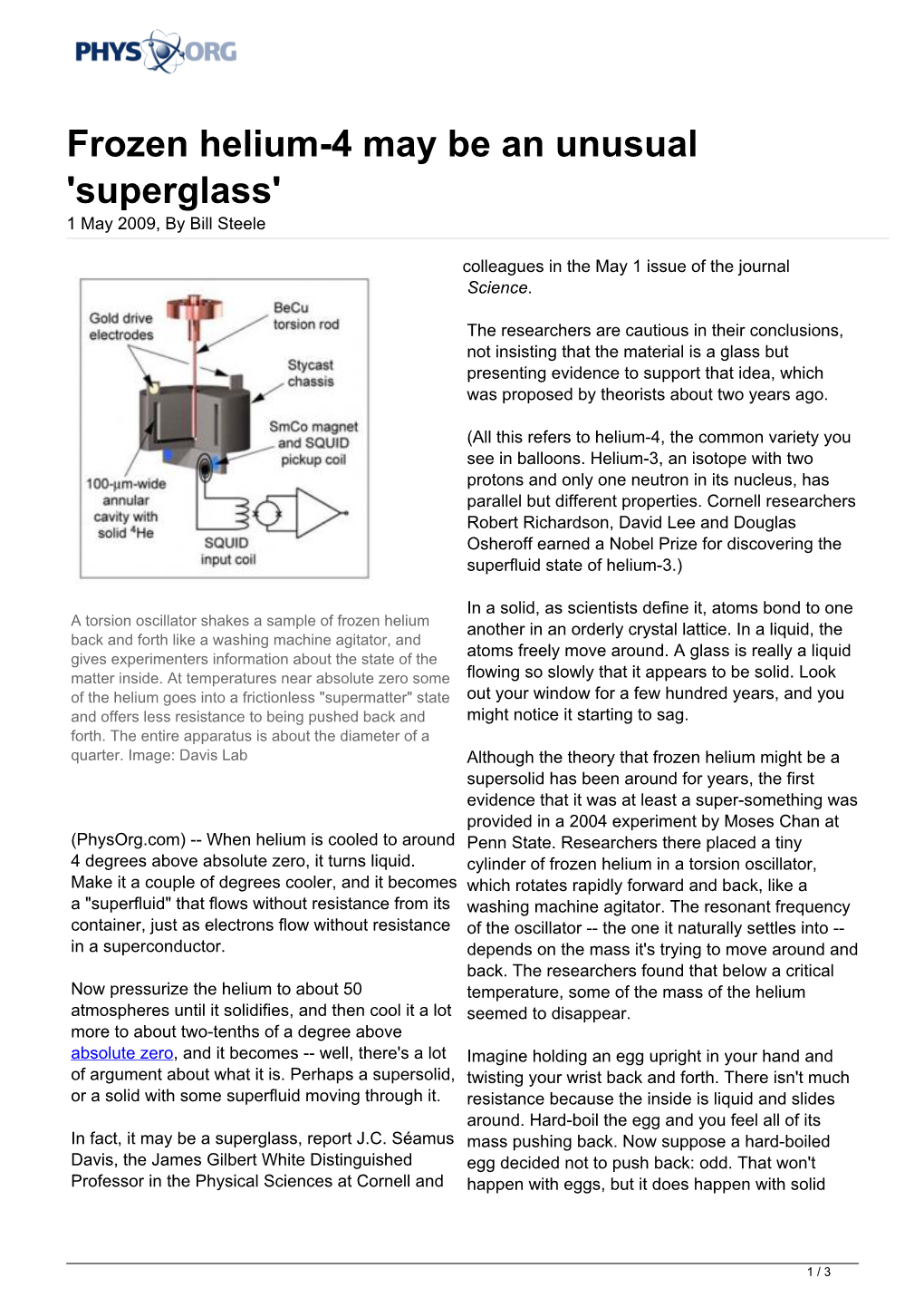 Frozen Helium-4 May Be an Unusual 'Superglass' 1 May 2009, by Bill Steele