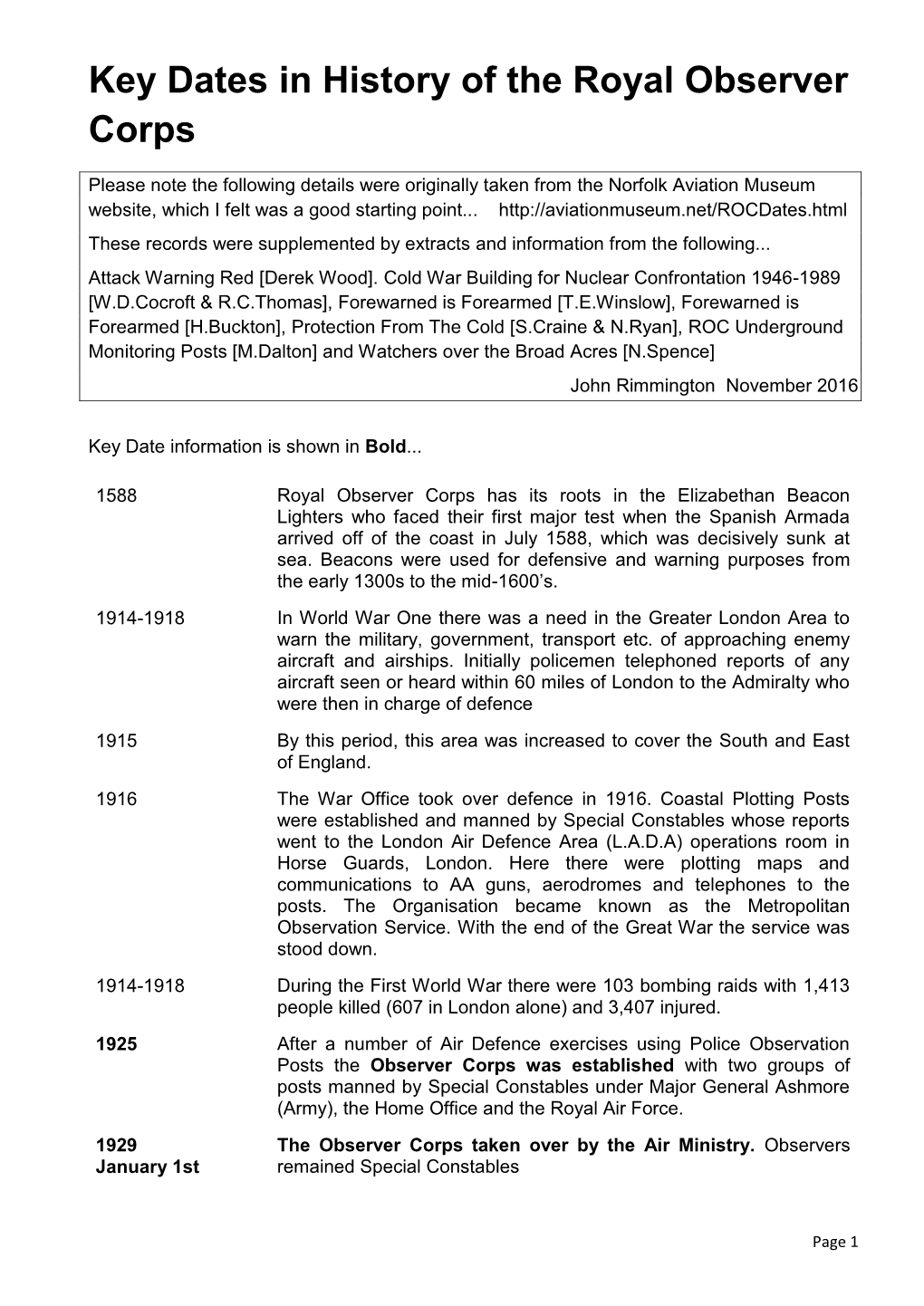 Key Dates in History of the Royal Observer Corps