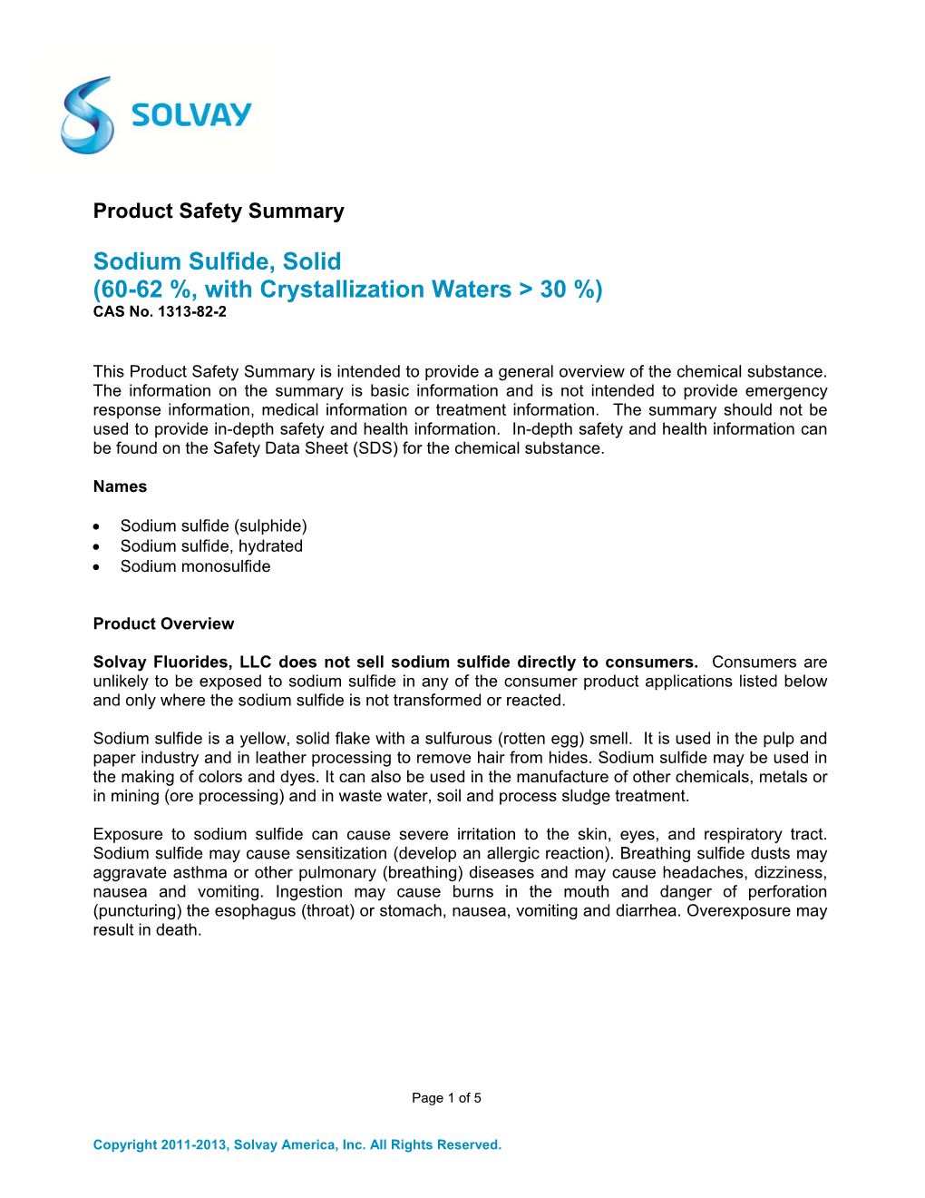 Sodium Sulfide, Solid (60-62 %, with Crystallization Waters > 30 %) CAS No