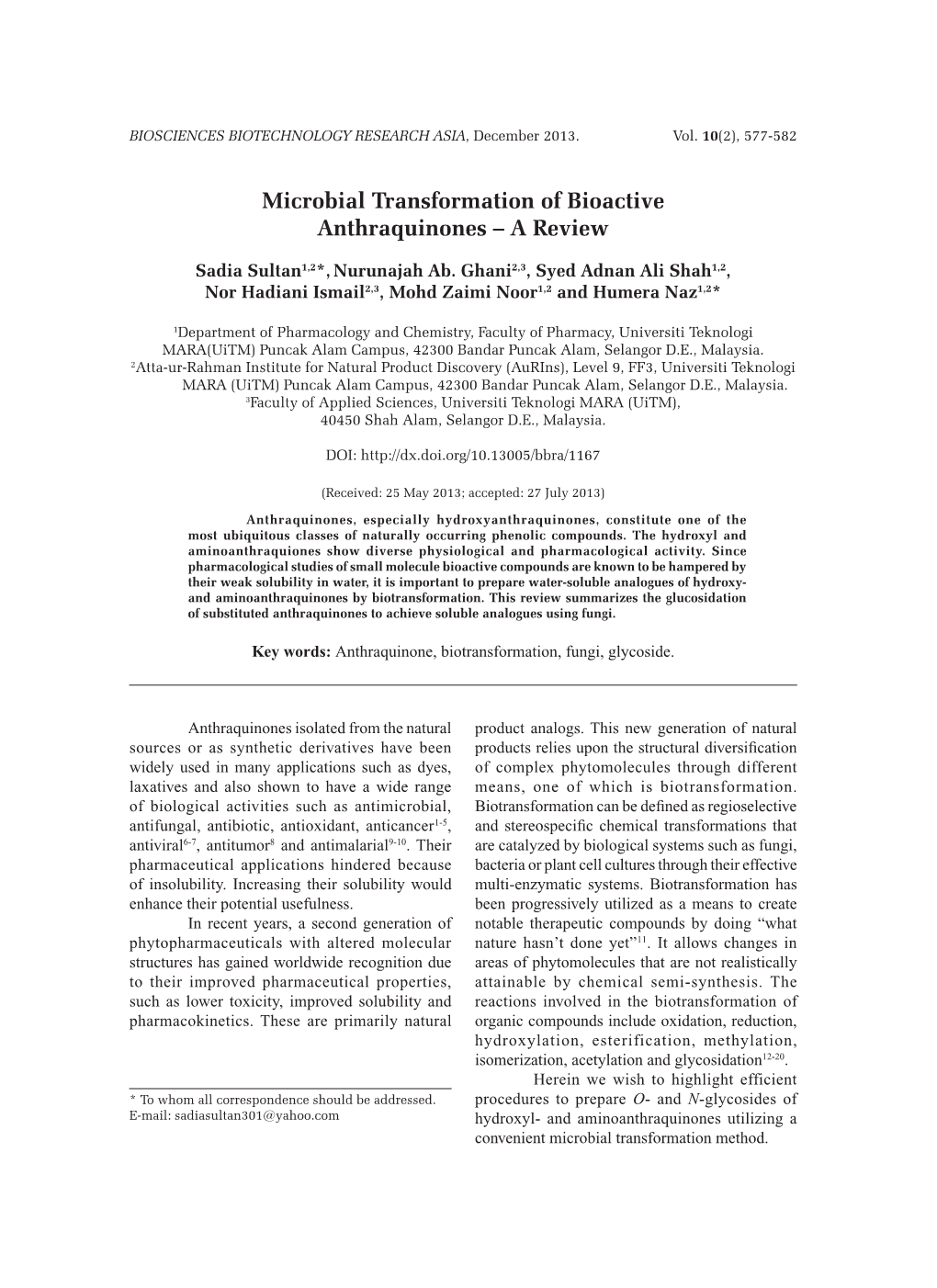 Microbial Transformation of Bioactive Anthraquinones – a Review