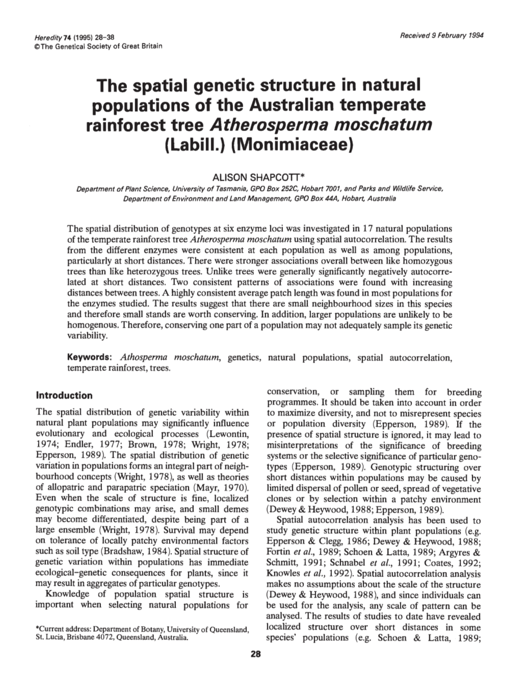 The Spatial Genetic Structure in Natural Populations of the Australian Temperate Rainforest Tree Atherosperma Moschatum (Labill.) (Monimiaceae)