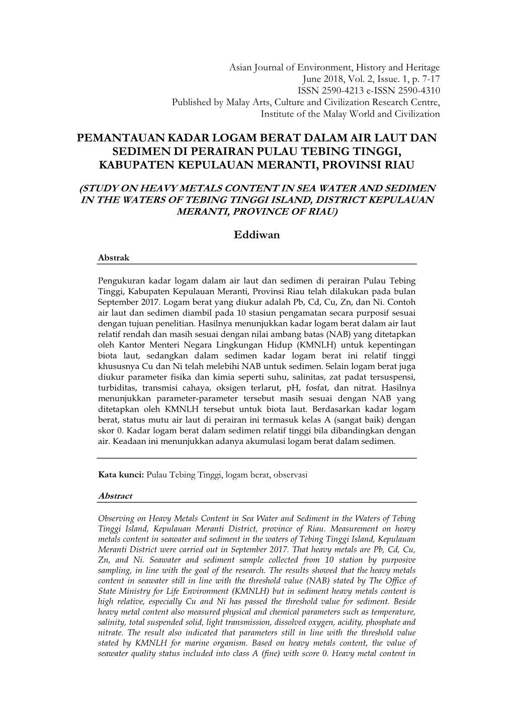 Pemantauan Kadar Logam Berat Dalam Air Laut Dan Sedimen Di Perairan Pulau Tebing Tinggi, Kabupaten Kepulauan Meranti, Provinsi Riau